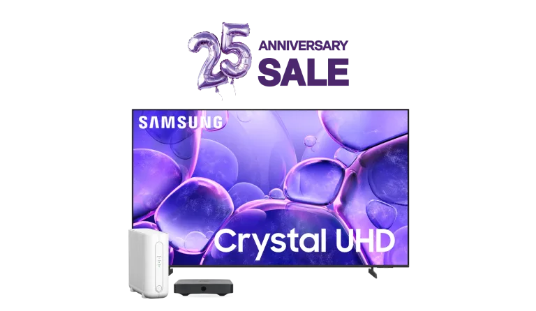 A Samsung Crystal UHD Television, TV Box and modem. Above the TV are two purple balloons depicting the number 25 and the words: Anniversary Sale.