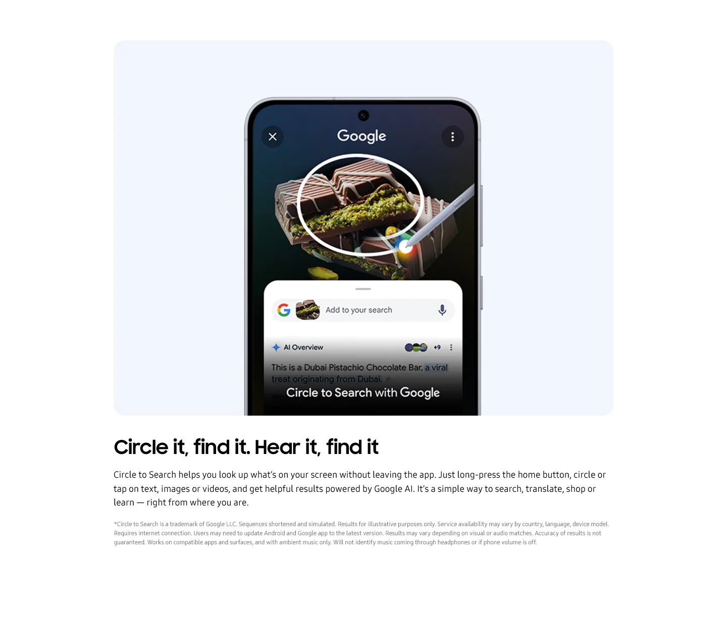 Samsung smartphone demonstrating Google Circle to Search feature to get AI-powered search results, showing visual search capabilities without leaving the current app.