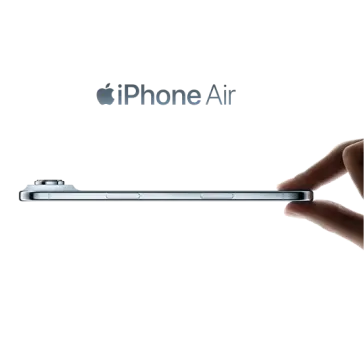 An ultra-thin silver iPhone being held between two fingers demonstrating its slim profile, with the Apple logo and 'iPhone Air' text displayed above the device.