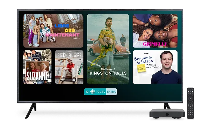 Un téléviseur montre les contenus sur ICI TOU.TV EXTRA dont « Libre dès maintenant », « Suzanne », et « Passion Poussière ».