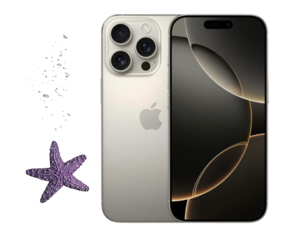 iPhone 16 Pro en titane naturel montré de face et de dos avec un écran noir, accompagné d'une décoration d'étoile de mer violette sur fond clair.