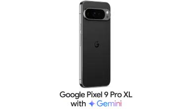 The front and back view of the Google Pixel 9 Pro XL in Obsidian. Below, is a logo that reads “Google Pixel 9 Pro XL with Gemini”.