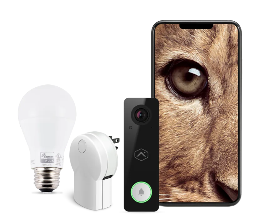 An image showing a smart phone with a tiger eye wallpaper, and various SmartHome security devices.