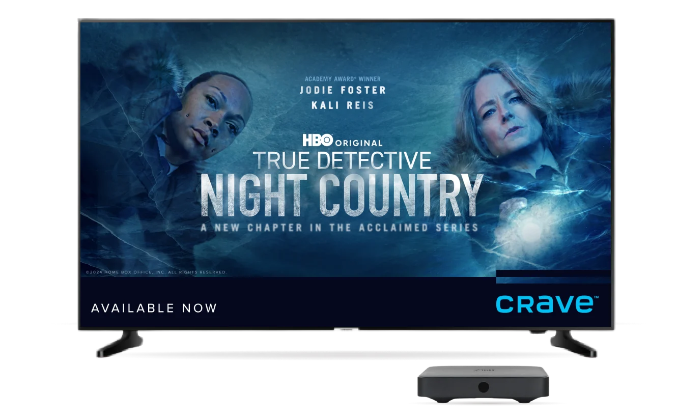A big screen screen TV showing the hit Crave show, True Detective: Night Country, along with an Optik TV digital box.
