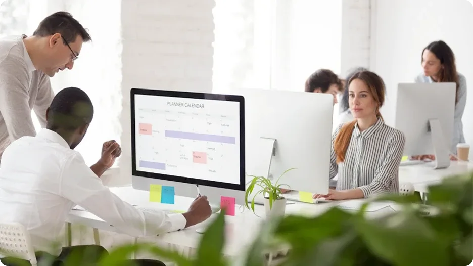 Six people are working in an open concept office working on desktop computers which are connected to Pure Fibre internet.