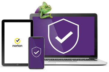 A chameleon sits on a laptop with a tablet and a phone, symbolizing that all devices are protected by TELUS Online Security.