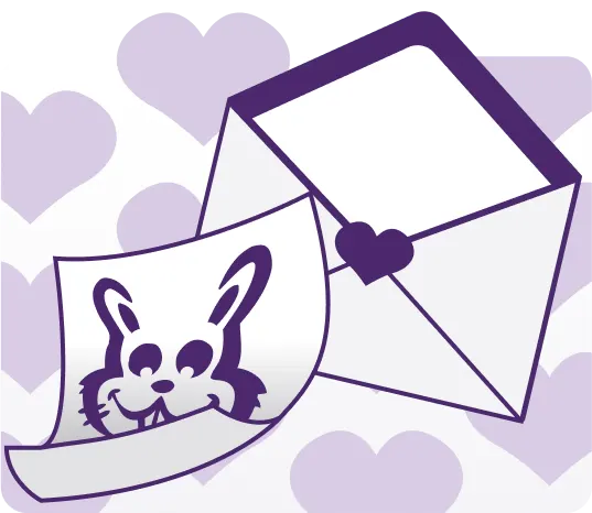 A graphic of an open envelope and a Valentine’s Day card featuring a bunny.
