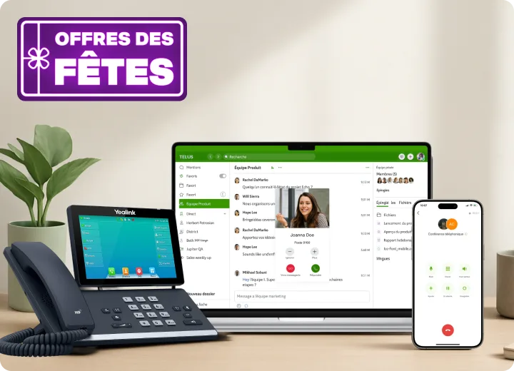 Téléphone filaire gris foncé et argent avec grand écran tactile intégré. Pastille indiquant « Offres des Fetes ».