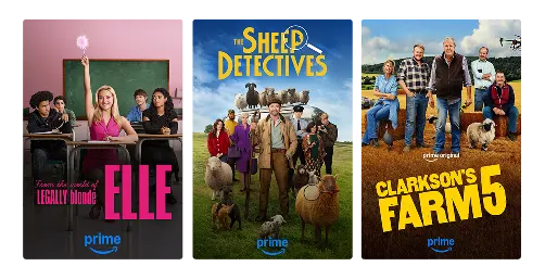 Three posters: ‘Elle’ ‘The Sheep Detectives’ and 'Clarkson's Farm 5' with the Prime logo.