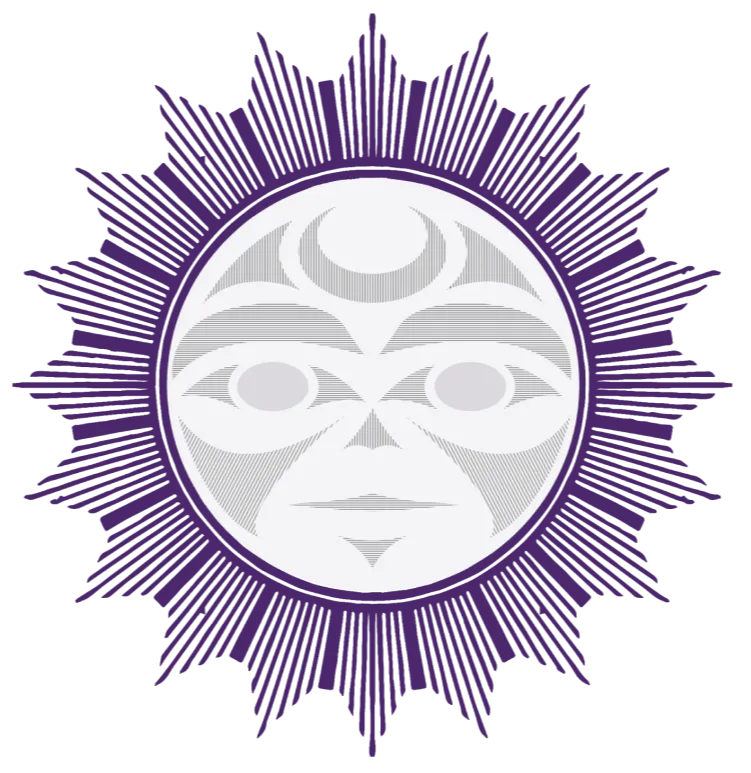 Large sun in the style of Coast Salish art, a symbol of unity and life-giving abundance.