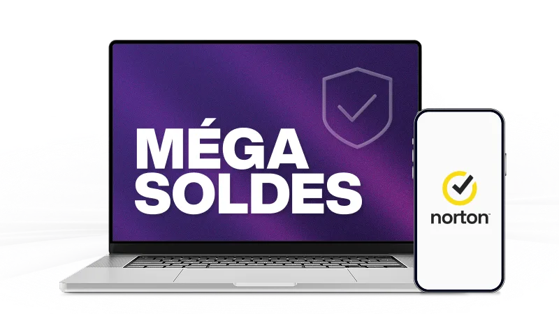 Un ordinateur portable et un téléphone intelligent. L’ordinateur portable affiche le texte « MÉGA SOLDES », et le téléphone montre le logo de Norton.