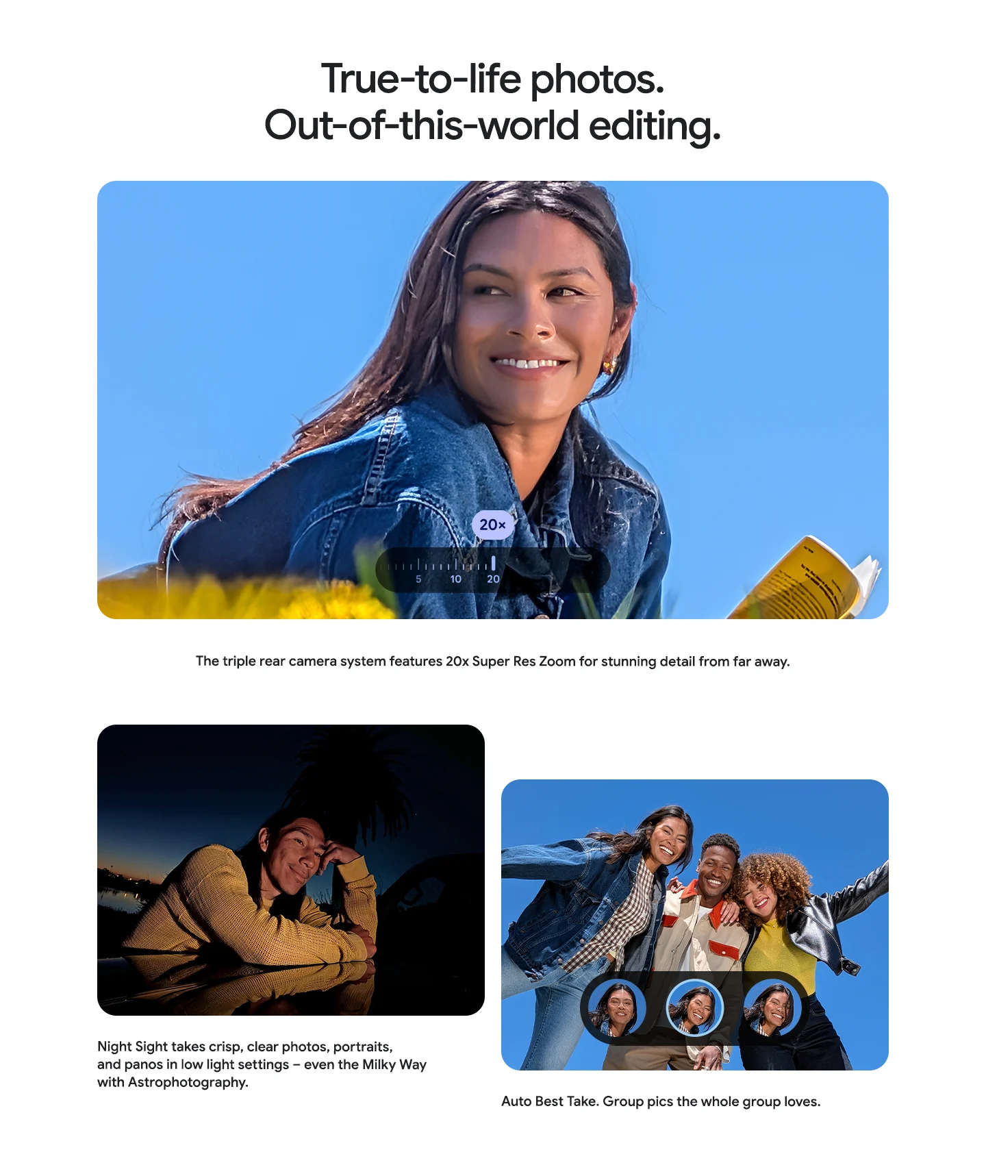 Pixel camera features: 20x Super Res Zoom for detailed distant shots, Night Sight for clear low-light photography including astrophotography, and Auto Best Take for optimal group photos.