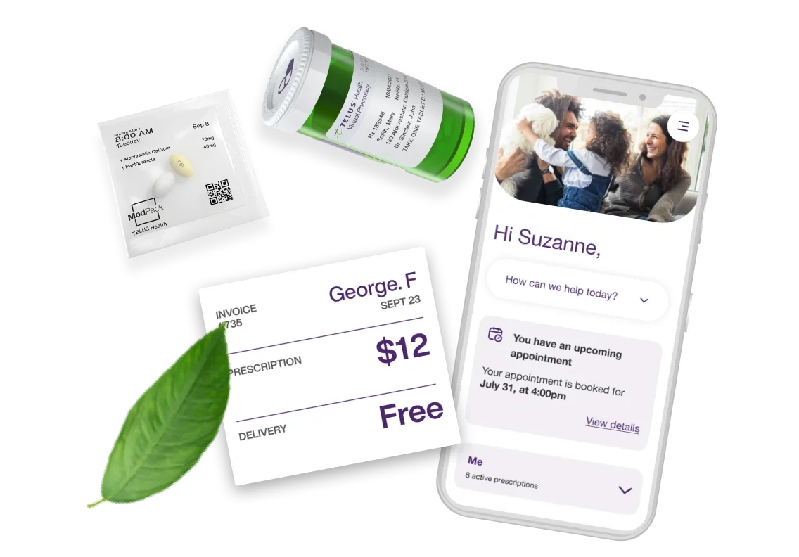 a MedPack sample, medicatoin and receipt next to a cell phone showing the Virtual Pharmacy app interface