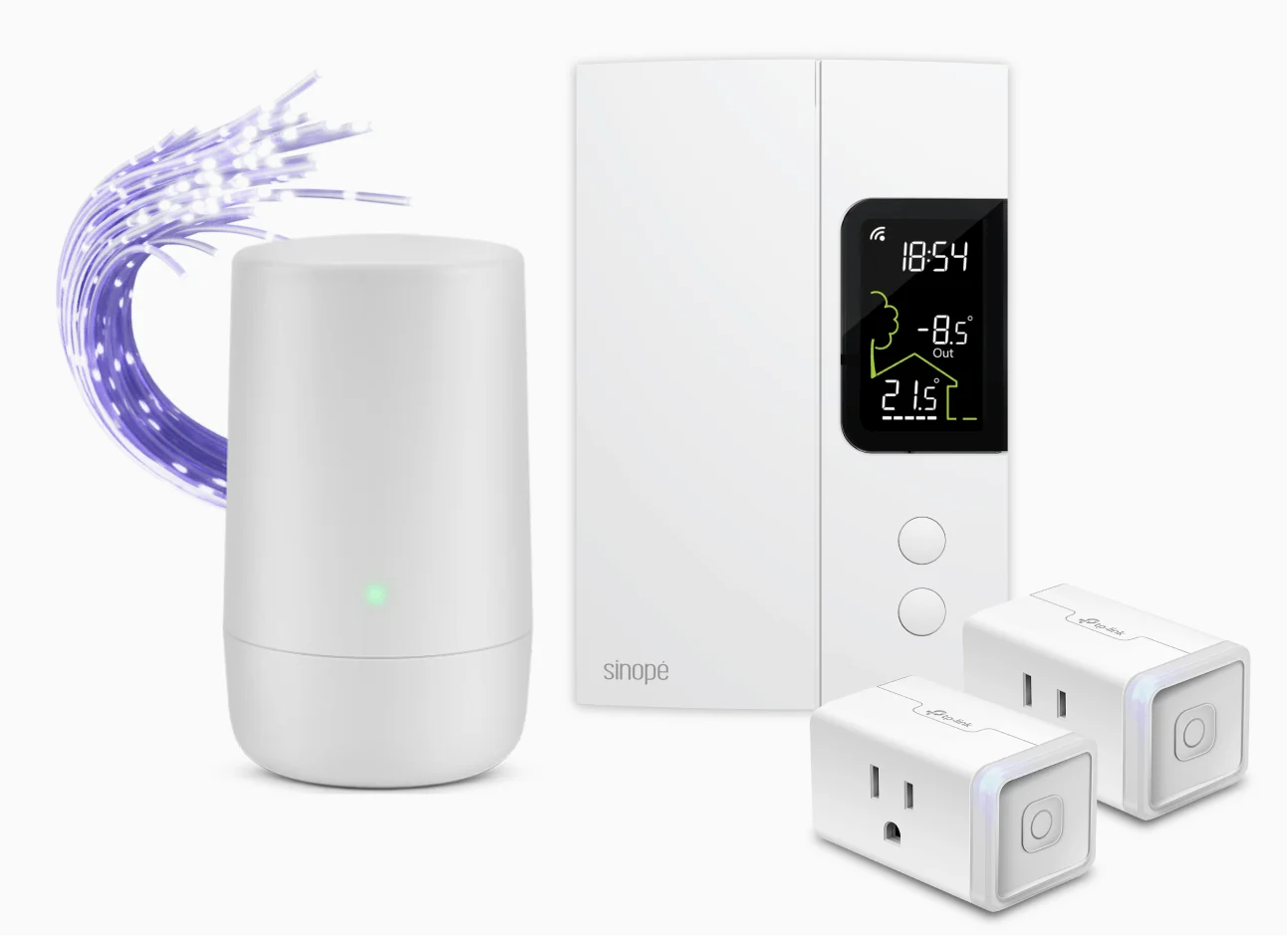 A TELUS Wi-Fi modem next to a Sinopé smart Wi-Fi thermostat 3000W and Kasa plugs bundle.