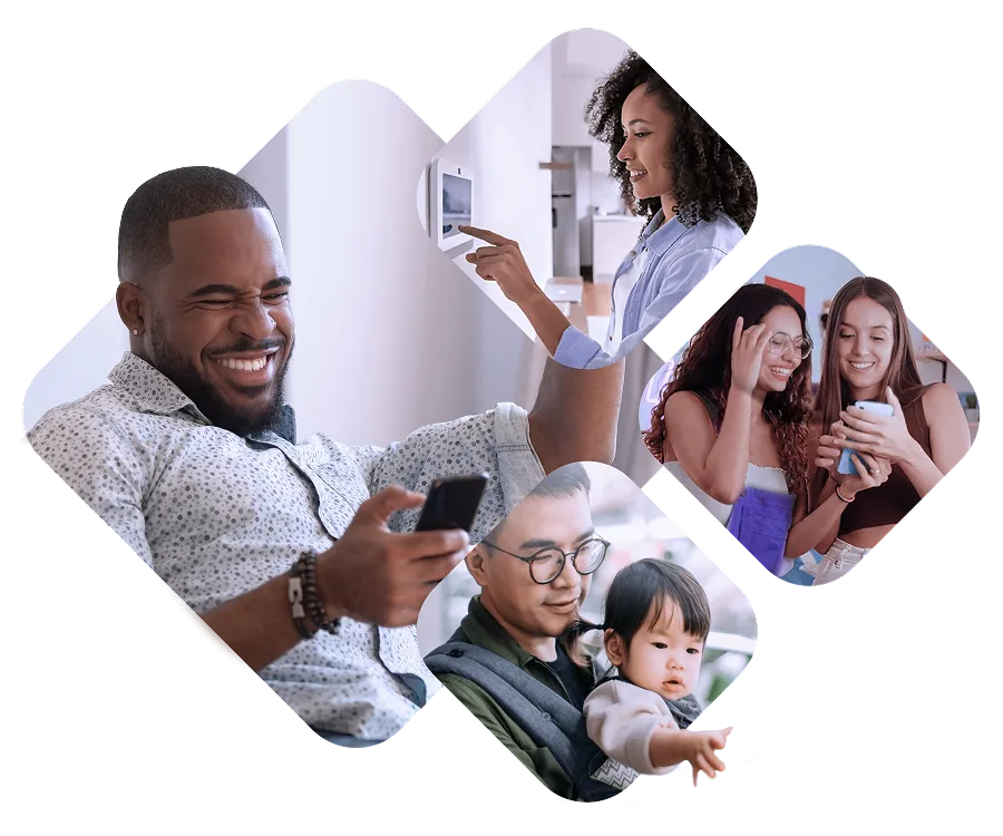 A collage of people smiling, using smartphones and a control panel in everyday moments.