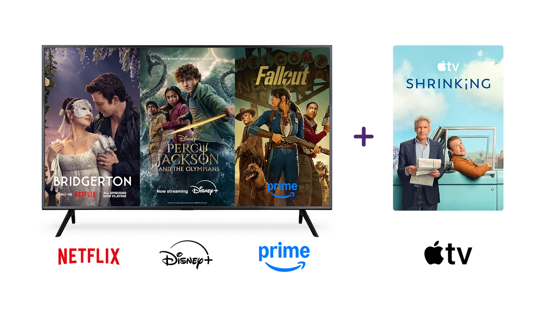 A TV and poster with the Netflix, Disney+, Prime and Apple TV logos below. The screens display the posters for Bridgerton, Percy Jackson, Fallout and Shrinking.