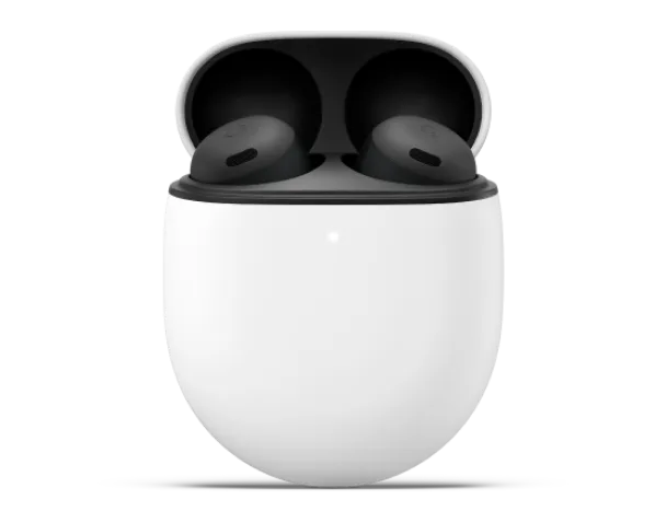 Front view of a pair of black Google Pixel Buds Pro inside of a white case.