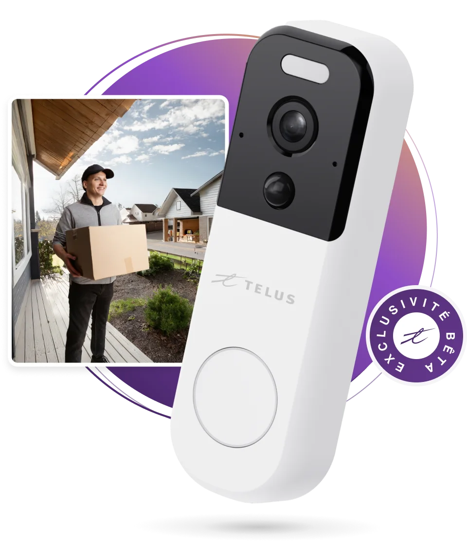 Une sonnette vidéo TELUS et une photo des images enregistrées par la sonnette vidéo montrant un livreur, ainsi qu’un badge version bêta exclusive.