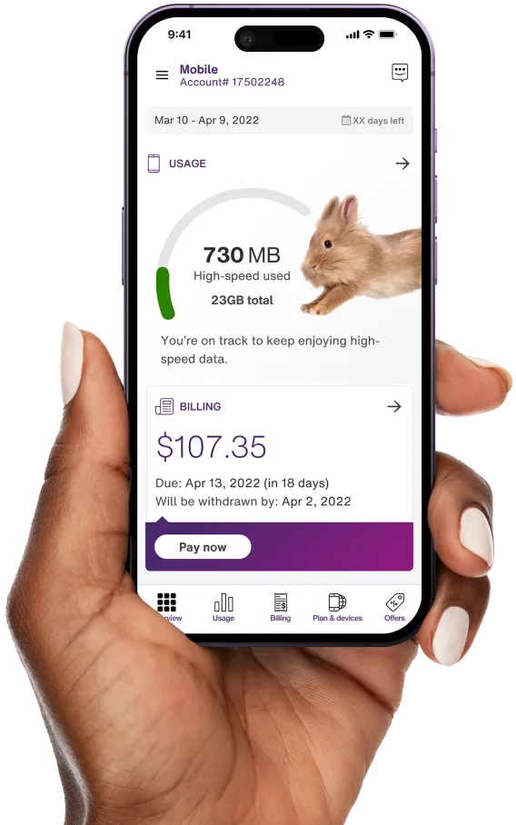 A hand holding a smartphone. The smartphone is displaying the MyTELUS application’s dashboard.