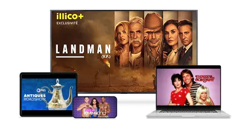 Four devices display different TV shows. A TV screen showing Landman (V.F), a tablet screen showing Antiques Roadshow, a laptop showing Three's Company and a smartphone showing Love Island.
