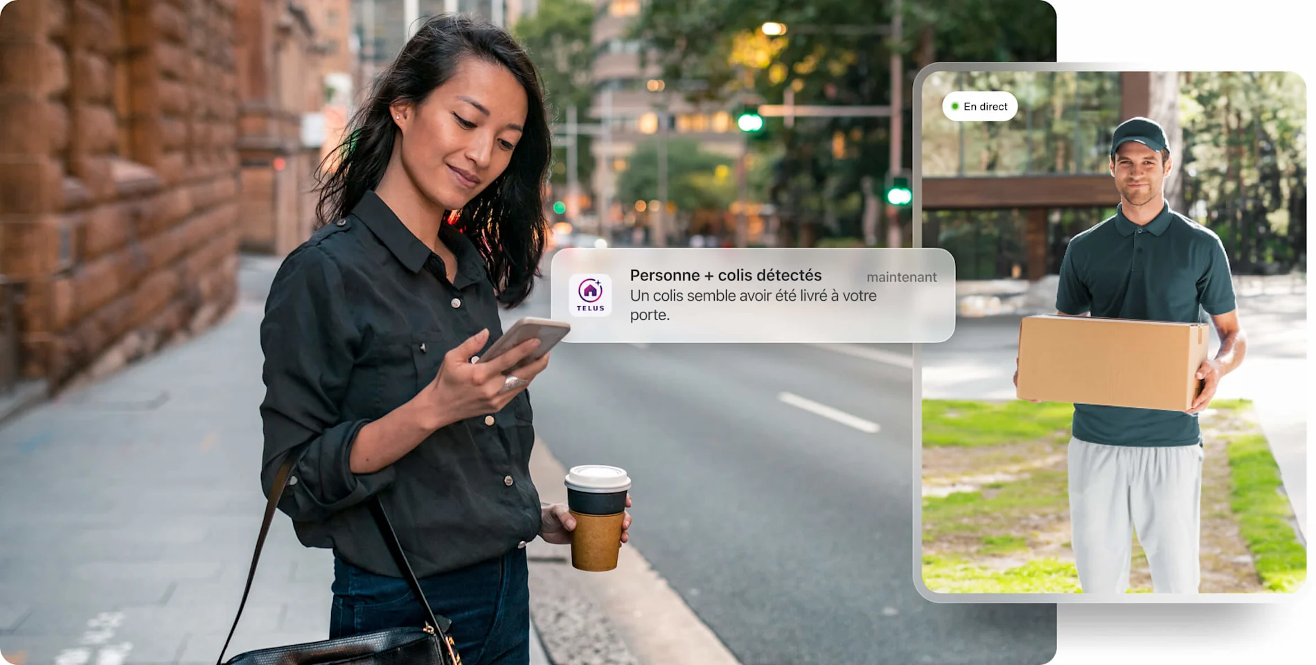 Une femme en déplacement regarde l’appli TELUS MC+ affichant une notification qui signale la présence à sa porte d’une personne avec un colis. Une vidéo en direct de la livraison du colis et l’icône Version bêta exclusive de TELUS sont également visibles.