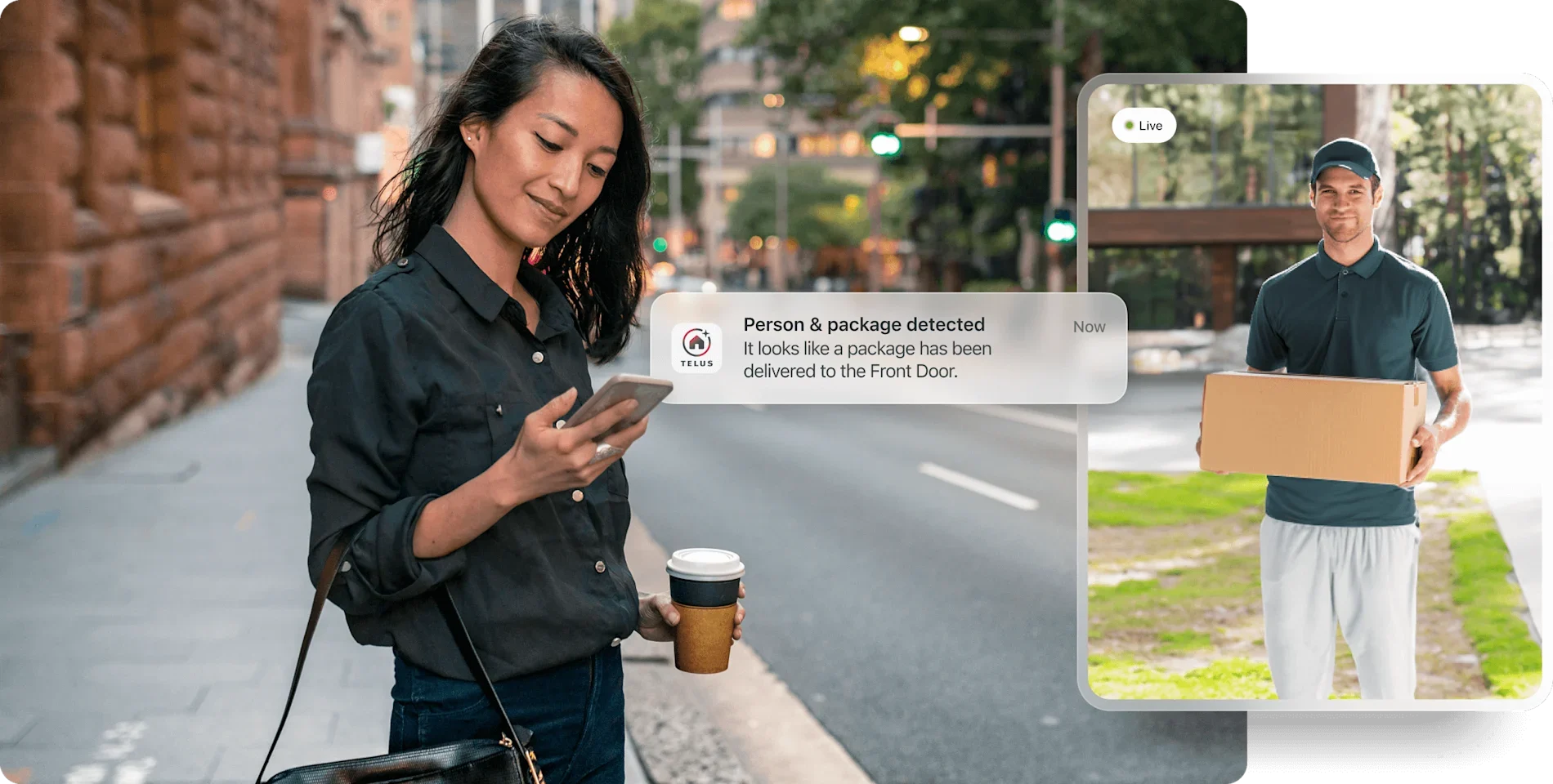 A woman on her commute holds the TELUS SmartHome + app watching a live video of the package delivery.