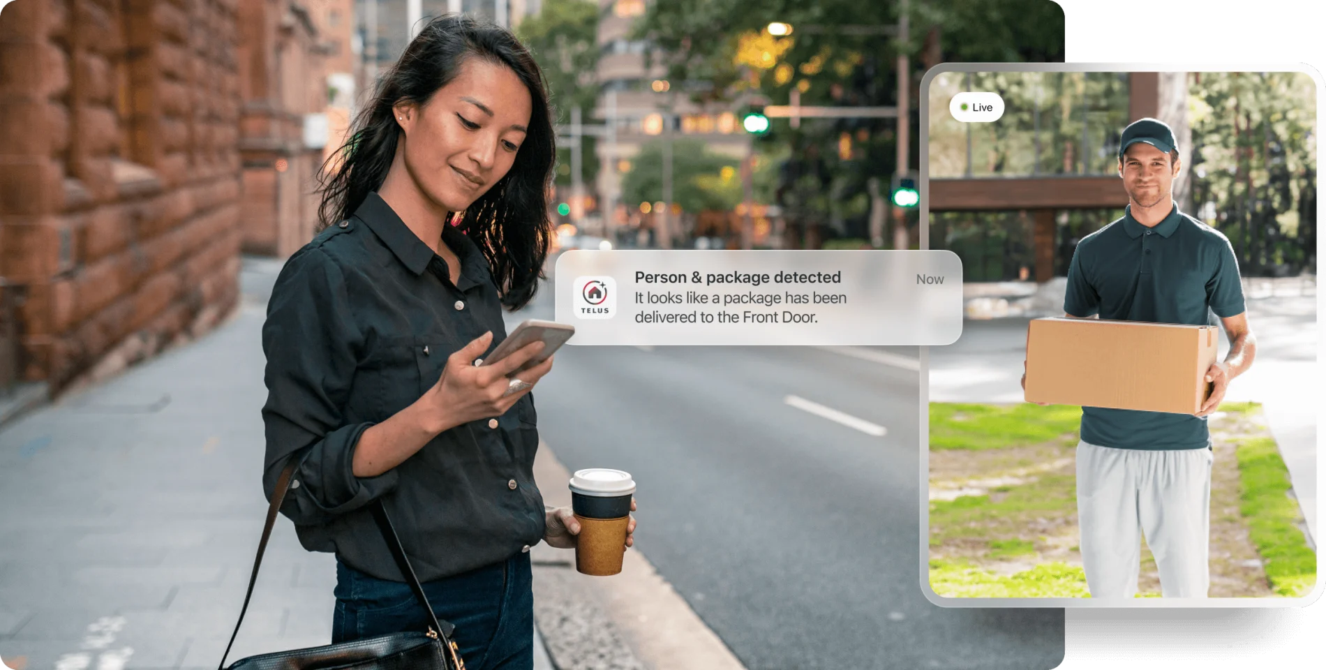 A woman on her commute holds the TELUS SmartHome + app while seeing a notification for a Person & Package detected at her front door. A live video of the package delivery and the icon for TELUS Beta Exclusive are also visible. 