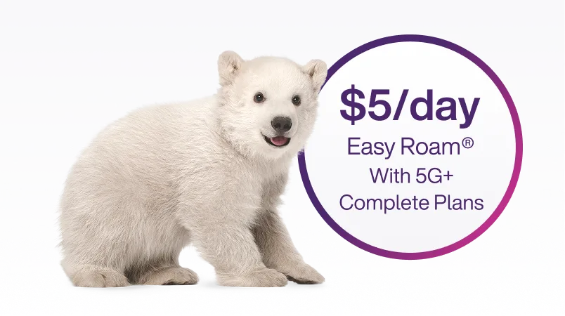 A polar bear beside a circle with text that reads, '$5/day Easy Roam® with 5G+ Complete Plans'.