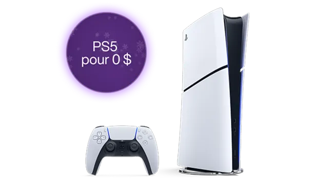 A PlayStation 5 game console and remote control. A roundel says 'PS5 on us'.