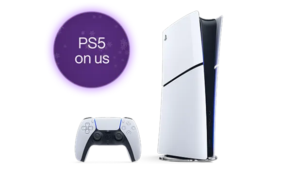 A PlayStation 5 game console and remote control. A roundel says 'PS5 on us'.