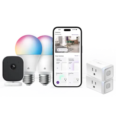 A smartphone displaying SmartHome+ app surrounded by a security camera, smart bulbs and plugs.
