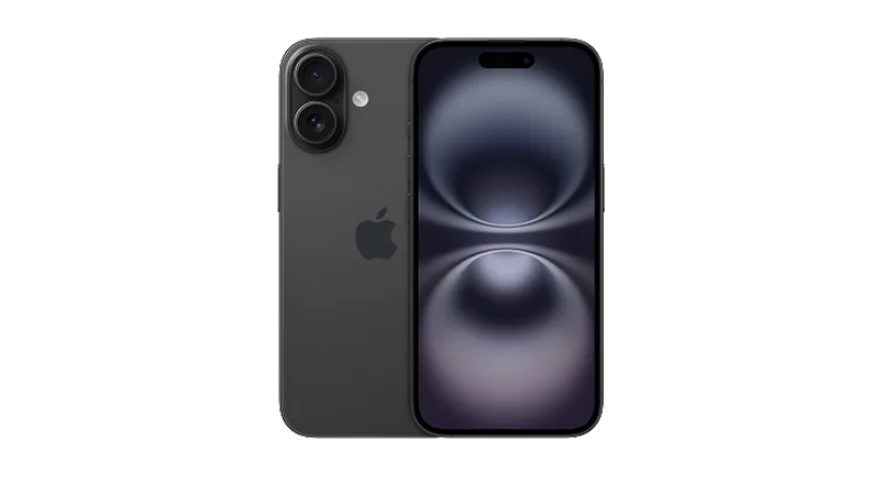 Front and back view of iPhone 16 in Black.