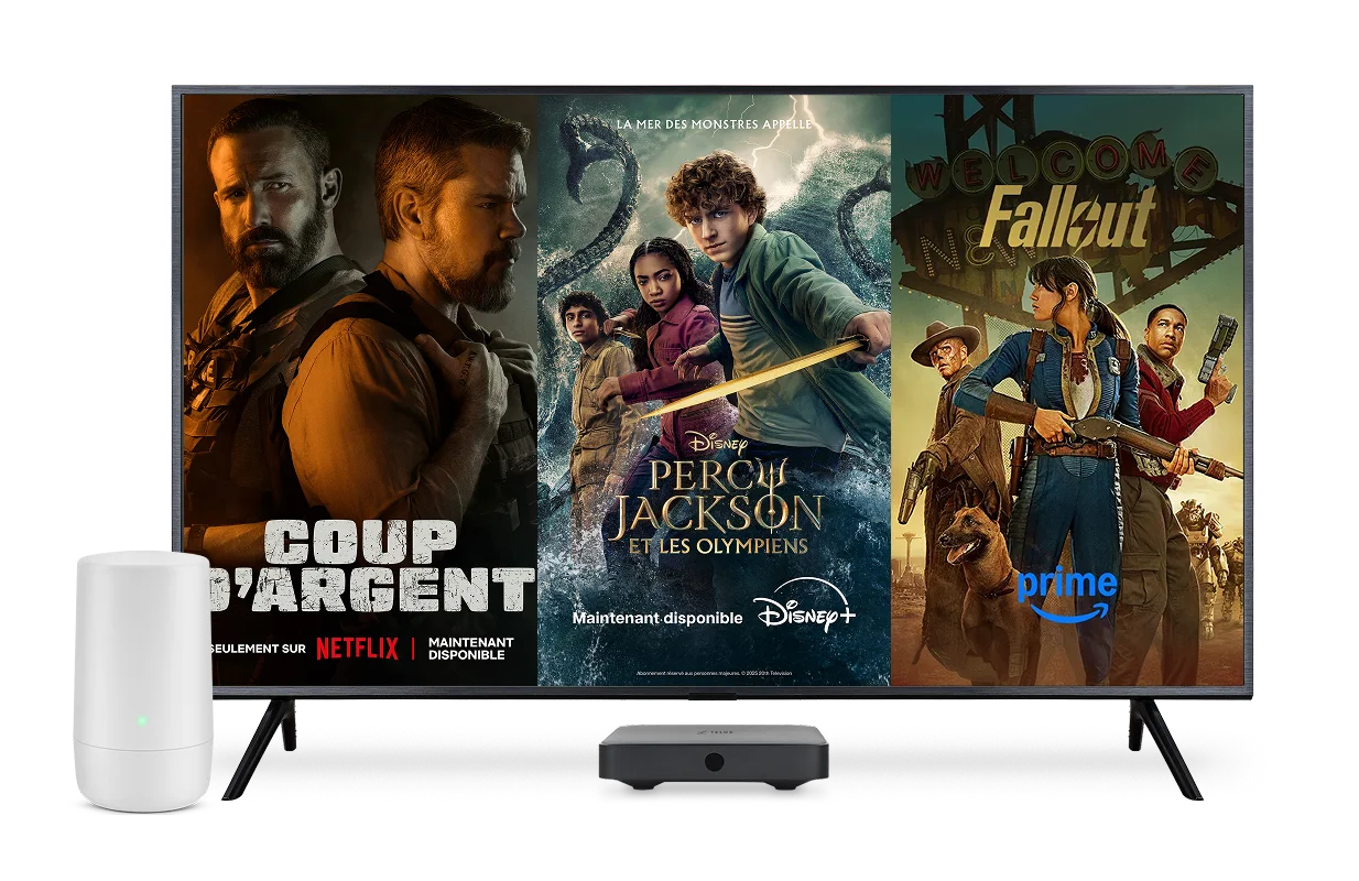 Un téléviseur et un modem TELUS. L’écran de télévision montre les affiches de The Rip, Percy Jackson et Fallout.
