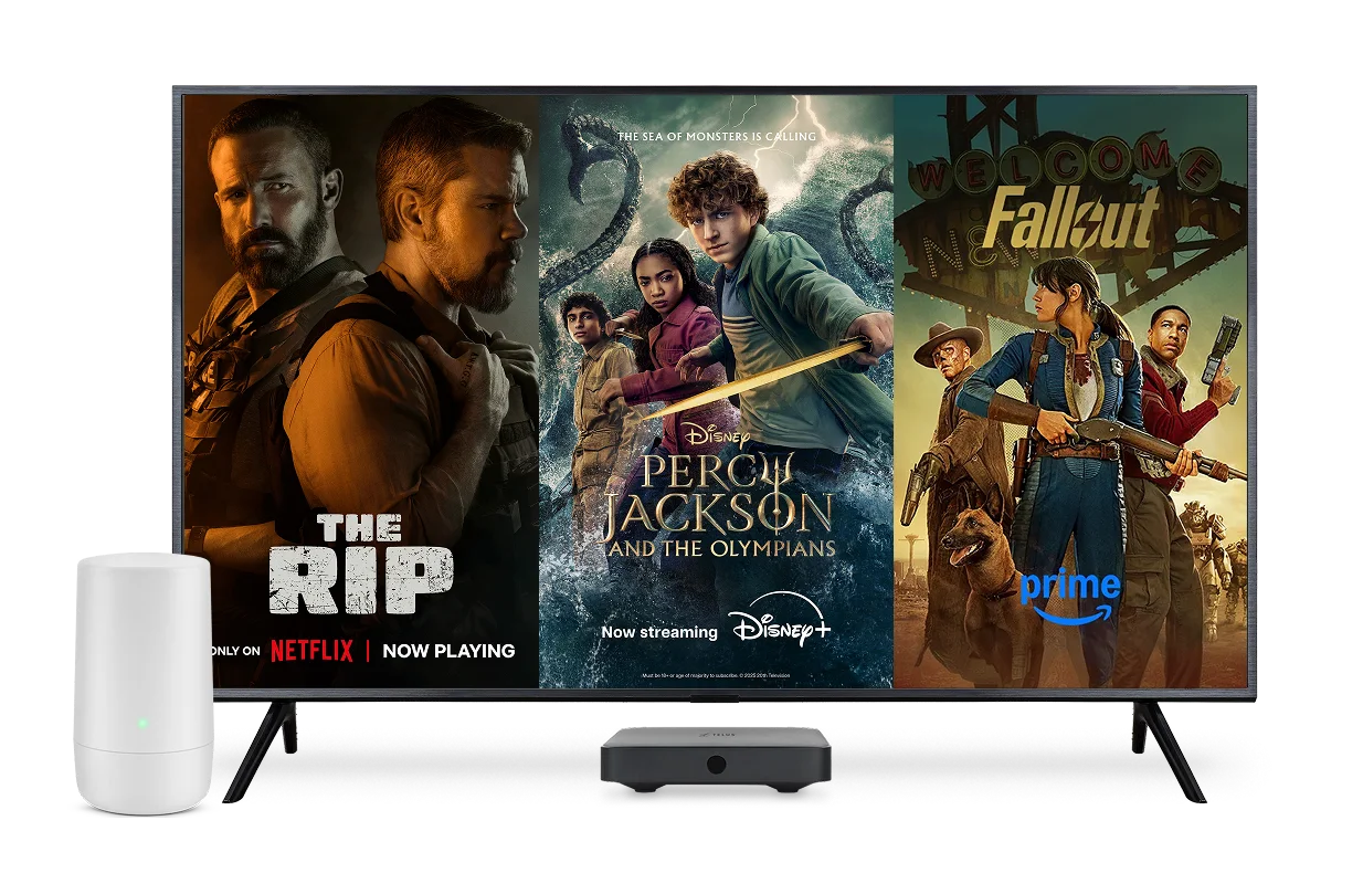 A TV and TELUS modem. The TV screen displays three posters: The Rip, Percy Jackson and Fallout.