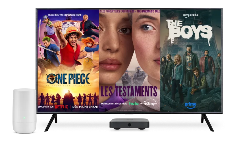 Une image montrant les séries Netflix « One Piece », Disney+ « Les Testaments » et Amazon Prime « The Boys » sur un écran de télévision.