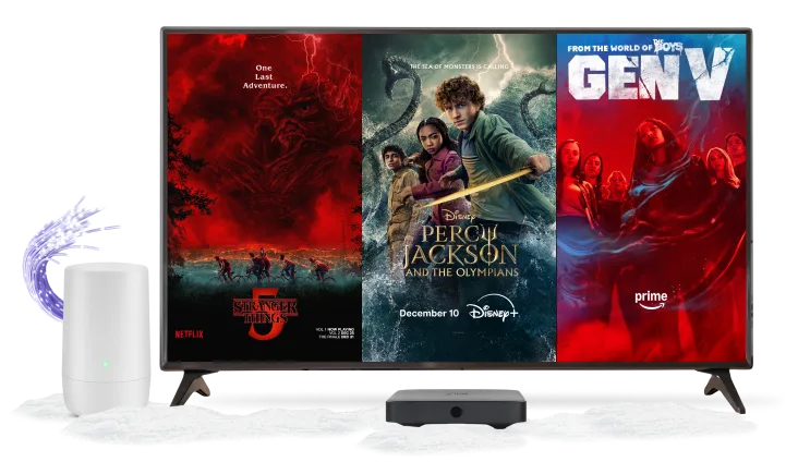 Un ours polaire à côté d'une tablette. Les appareils affichent des affiches de contenus populaires disponibles sur EnContinu+.