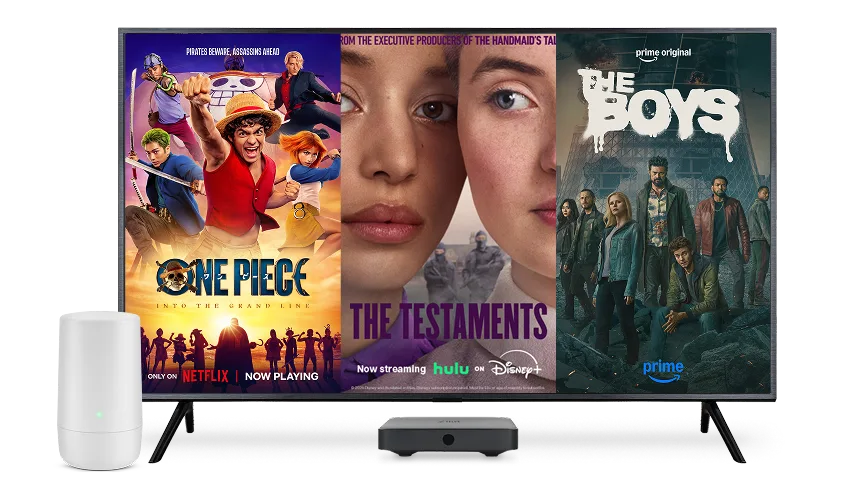 An image featuring Netflix 'One Piece', Disney+ 'The Testaments' and Amazon Prime 'The Boys' on TV screen.