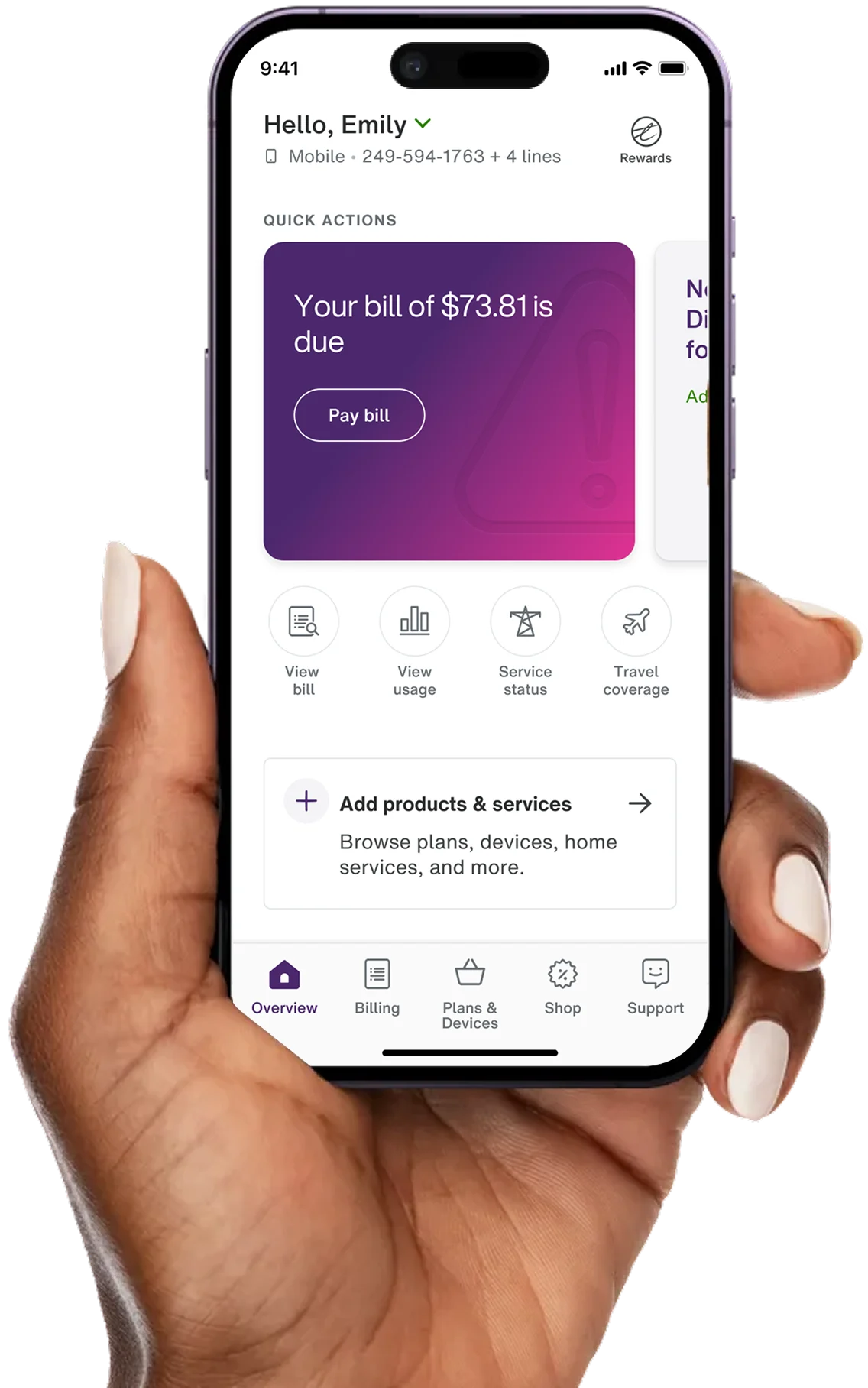 A hand holds a smartphone, with a screen displaying a customer’s bill on the My TELUS app.