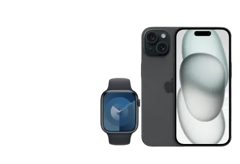 The front and back views of the iPhone 15 in Black are displayed alongside an Apple Watch Series 9 in Midnight Aluminium 
