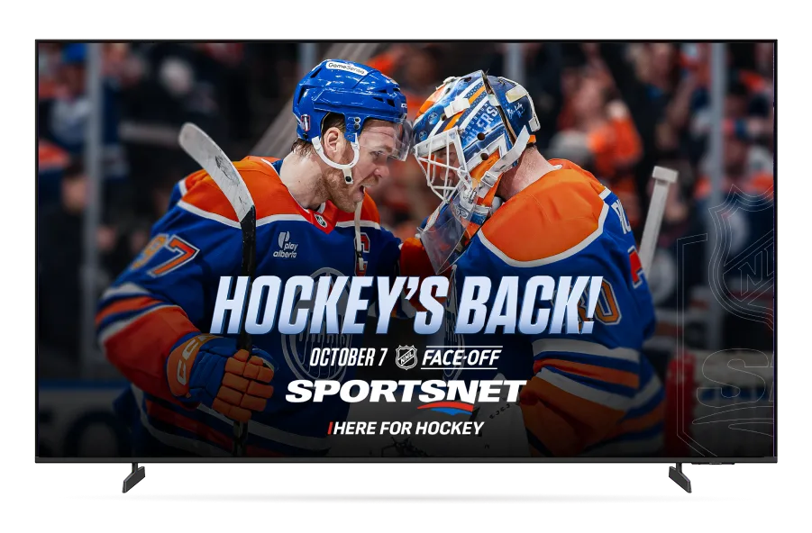 TV with image of 2 hockey players. Text reads: Hockey's back!