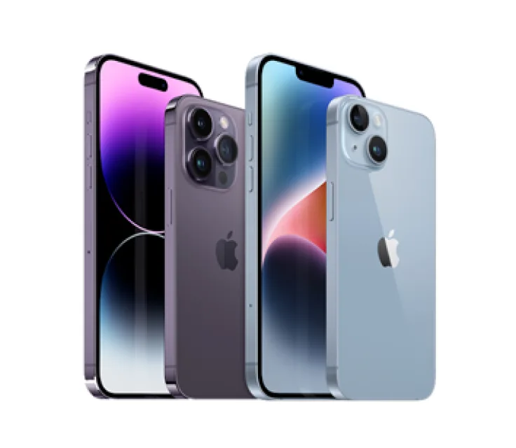 Front and back views of iPhone 14 family in purple and blue.