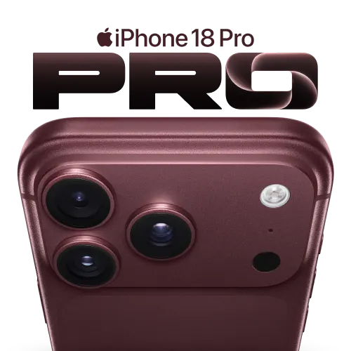 "PRO" in large text above the top and back view of the new iPhone 18 Pro in Burgundy.