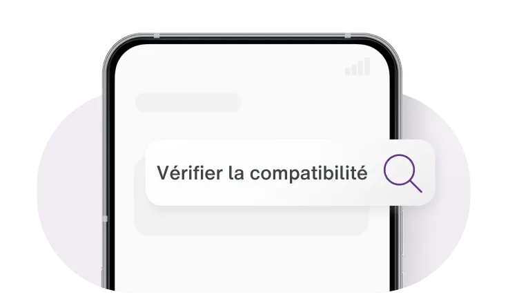 Un gros plan de l'écran d'un téléphone intelligent présentant une barre de recherche blanche bien visible où il est écrit « Vérifier la compatibilité », accompagnée d'une icône de loupe violette.