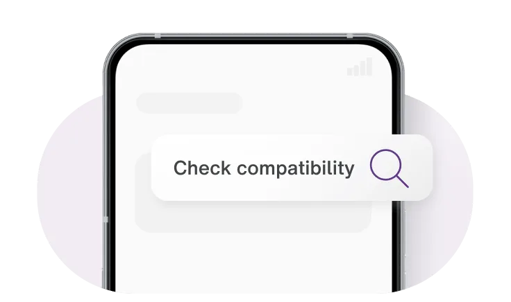A close-up of a smartphone screen featuring a prominent white search bar that reads "Check compatibility" alongside a purple magnifying glass icon.