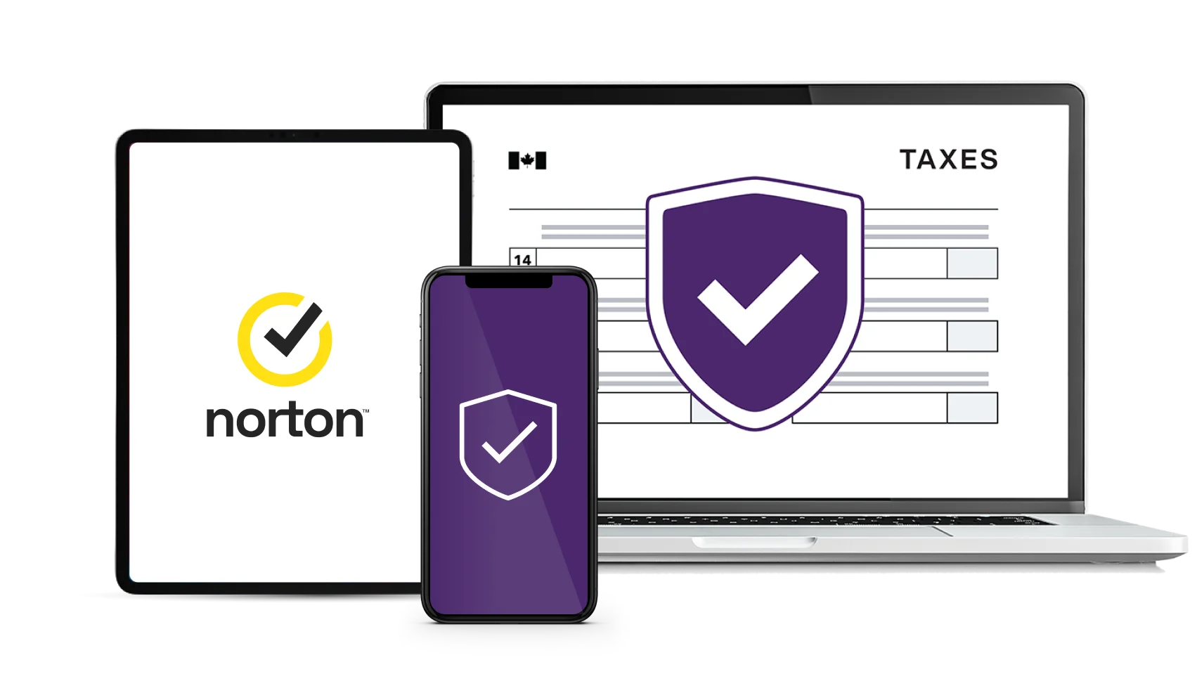 Three devices — a tablet, a laptop‌ and a smartphone — are shown displaying the Norton logo and a tax form. This represents the protection that TELUS Online Security offers for your personal data during tax season. 