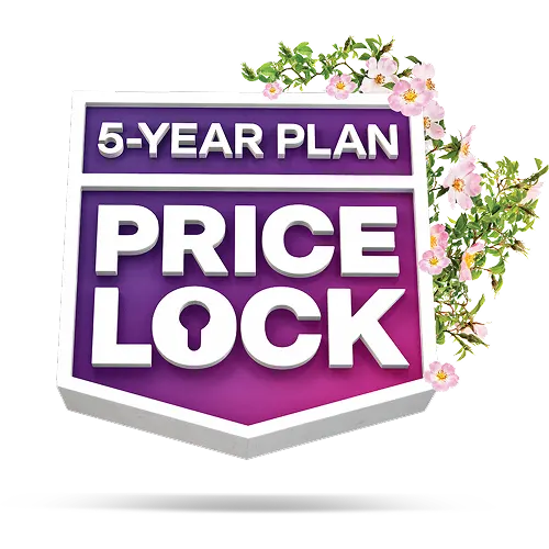 '5-YEAR PLAN PRICE LOCK' graphic with wild roses growing out of the side of it.