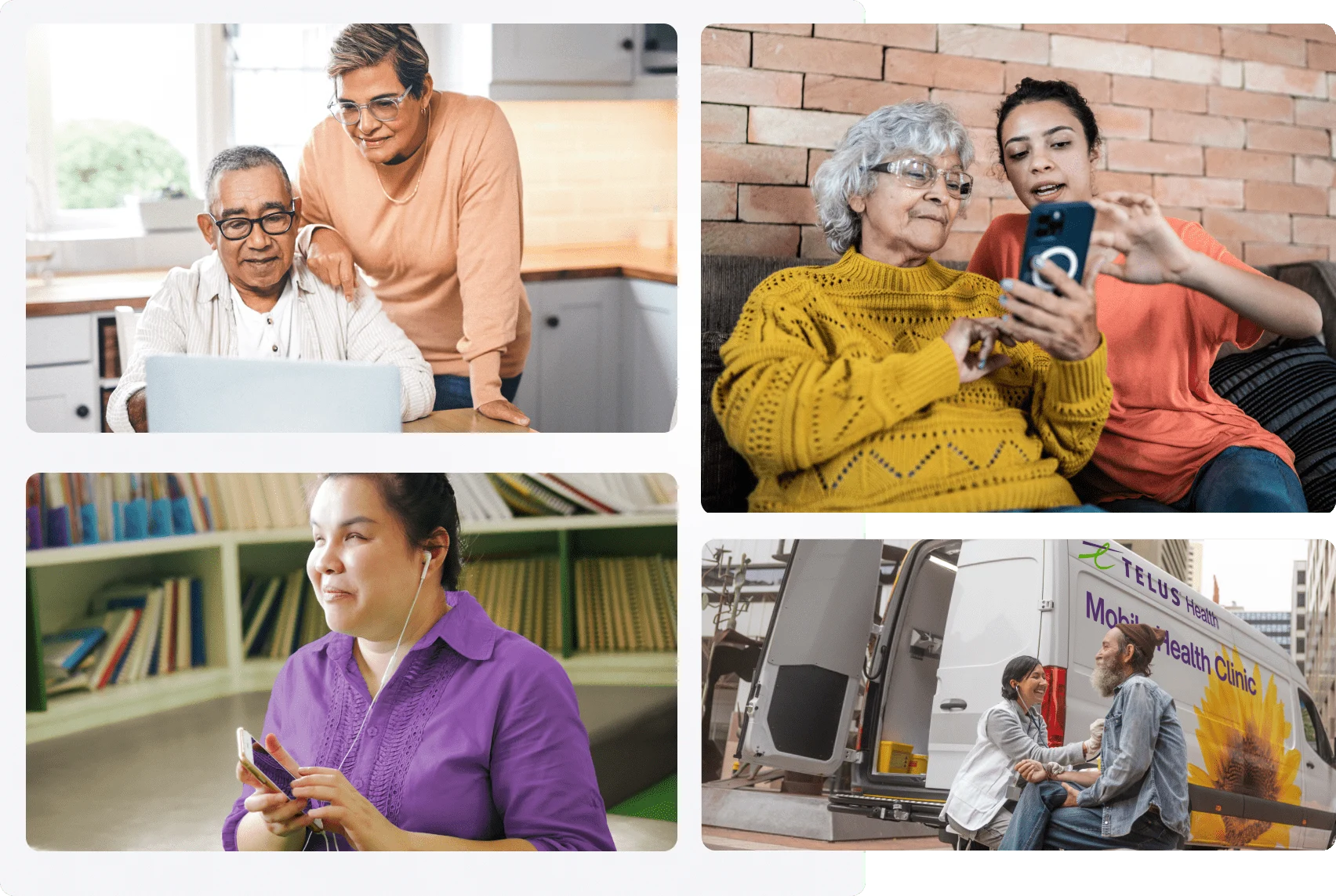 An image collage: A senior couple viewing a laptop at their kitchen table; two women viewing a smartphone; a person with headphones and smartphone; a TELUS Mobile Health Clinic member with a patient.