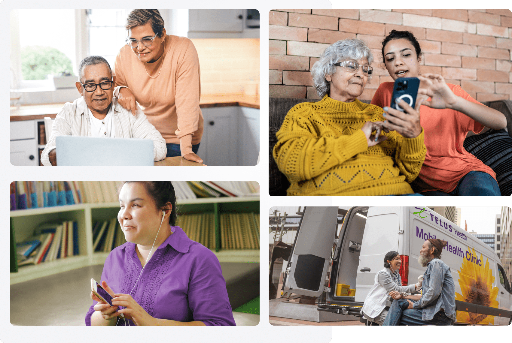Un collage d'images : Un couple de personnes âgées regarde un ordinateur portatif; deux femmes regardant un téléphone intelligent ; une personne avec des écouteurs et un téléphone intelligent ; un membre de la Clinique mobile de santé TELUS avec un patient
