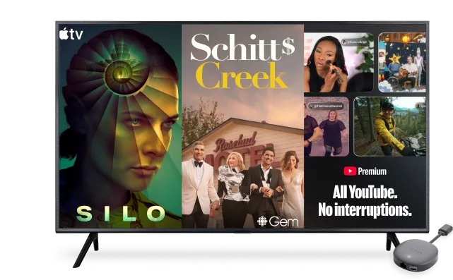 A TV screen displaying the poster for Ted Lasso, Schitts Creek and YouTube Premium next to a TELUS TV Mini.
