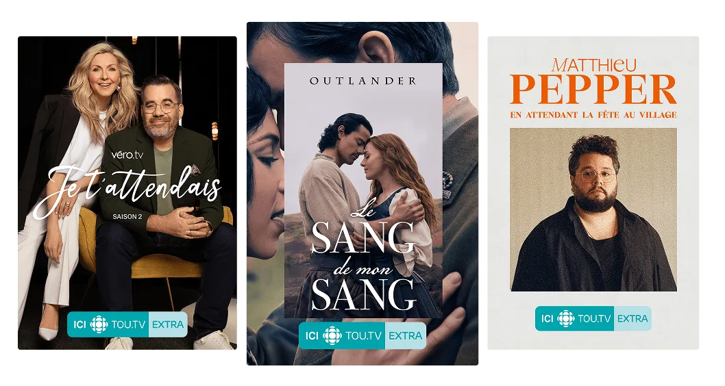 Trois affiches de contenus populaires disponibles sur ICI TOU.TV EXTRA : Je t'attendais, Le sang de mon sang et En attendant la fête au village.